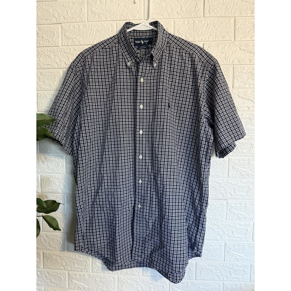 Ralph Lauren Mens Blake Button Down Shirt Short Sleeve Blue White Check Size M